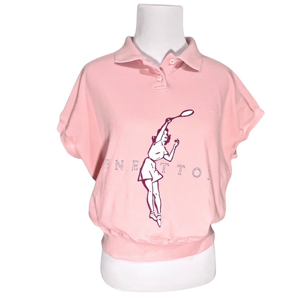 VTG United Colors Of Benetton Pink Polo Top Shirt w/ Tennis Player Graphic